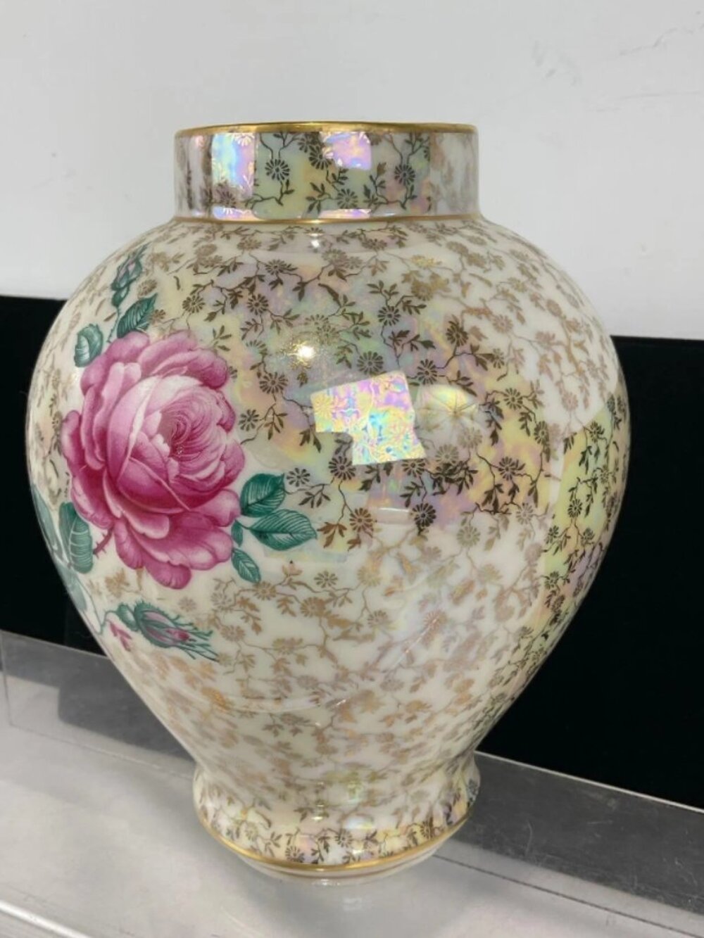 Vintage D‑Dresden Iridescent Porcelain Bowl with Crown Mark • German Floral Gold